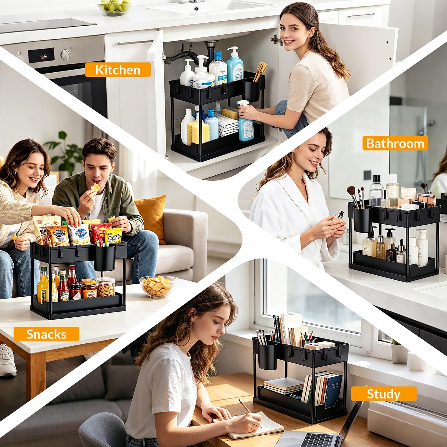 Hormes Under Sink Organiser, 2 Tier Under Sink Storage with 8 Hooks & 2 Cups, 2 Pack Set
