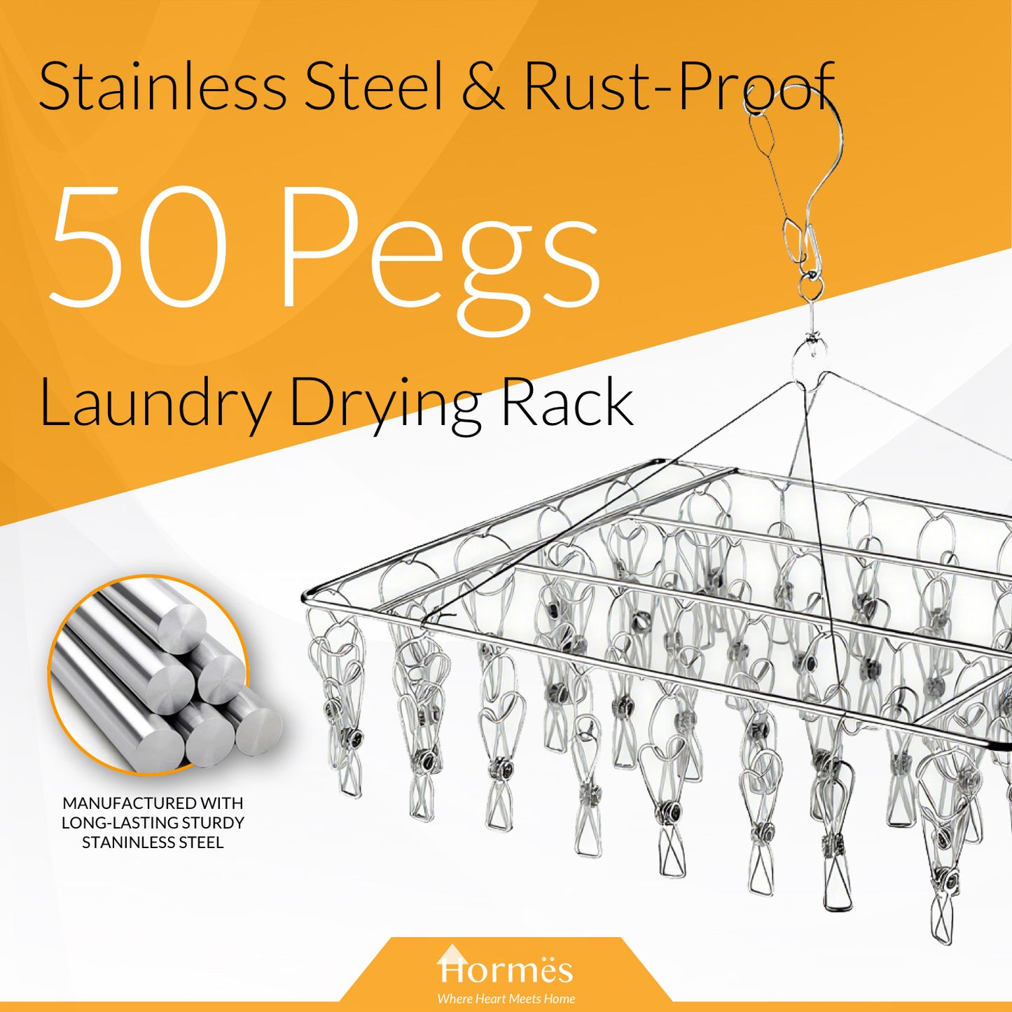 Homres Stainless Steel Clothes Drying Rack with 50 Pegs