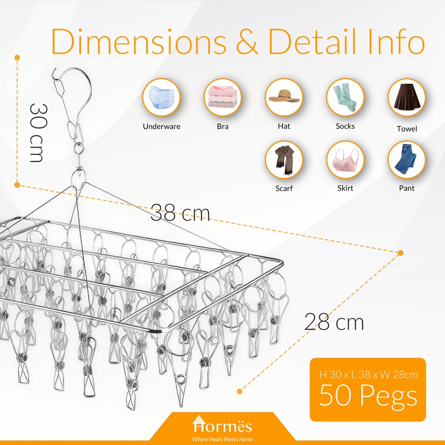 Homres Stainless Steel Clothes Drying Rack with 50 Pegs