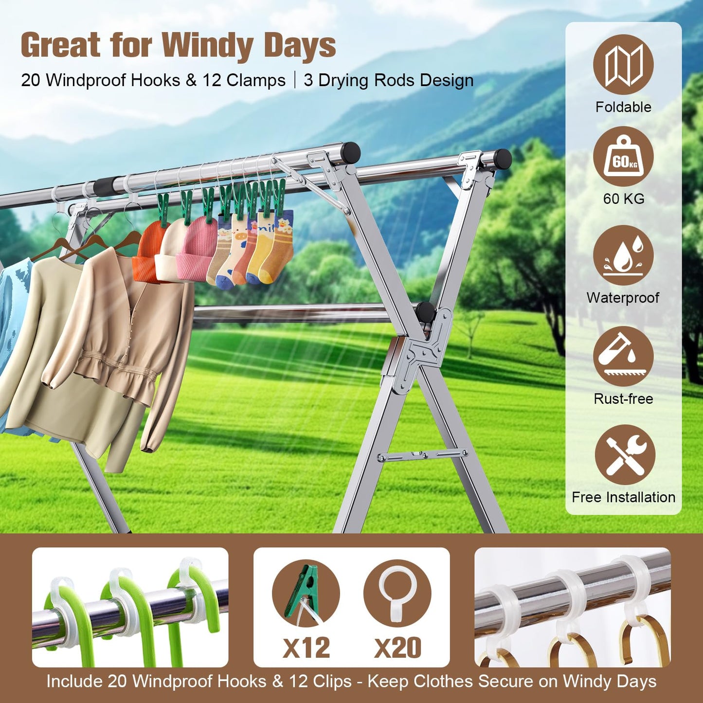Hormes 2.4M Adjustable Foldable Clothes Drying Rack
