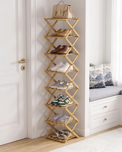 Hormes Foldable Shoe Rack, 8 Tier Bamboo Vertical Shoe Storage Shelf