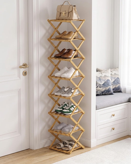 Hormes Foldable Shoe Rack, 8 Tier Bamboo Vertical Shoe Storage Shelf