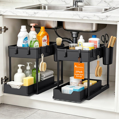 Hormes Under Sink Organiser, 2 Tier Under Sink Storage with 8 Hooks & 2 Cups, 2 Pack Set