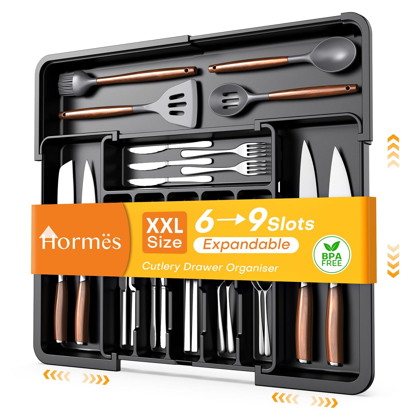 Hormes Cutlery Drawer Organiser, Expandable Kitchen Drawer Organiser with 6–9 Adjustable Compartments