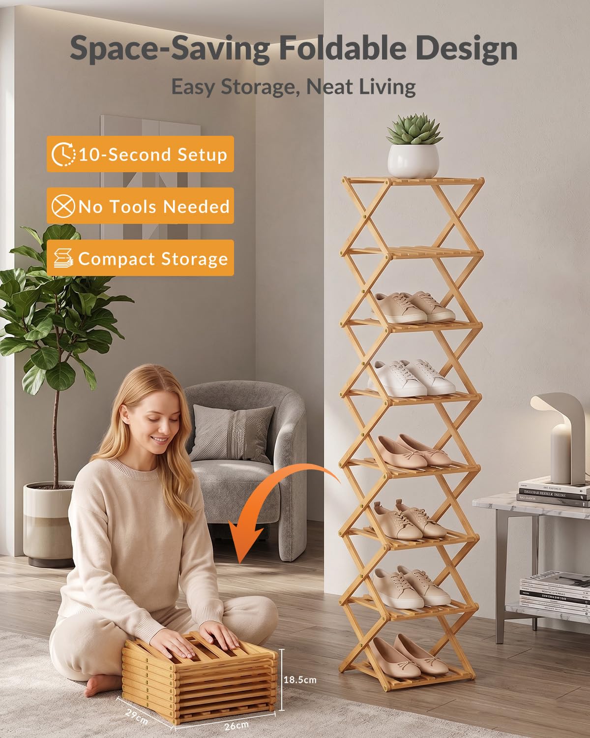 Hormes Foldable Shoe Rack, 8 Tier Bamboo Vertical Shoe Storage Shelf