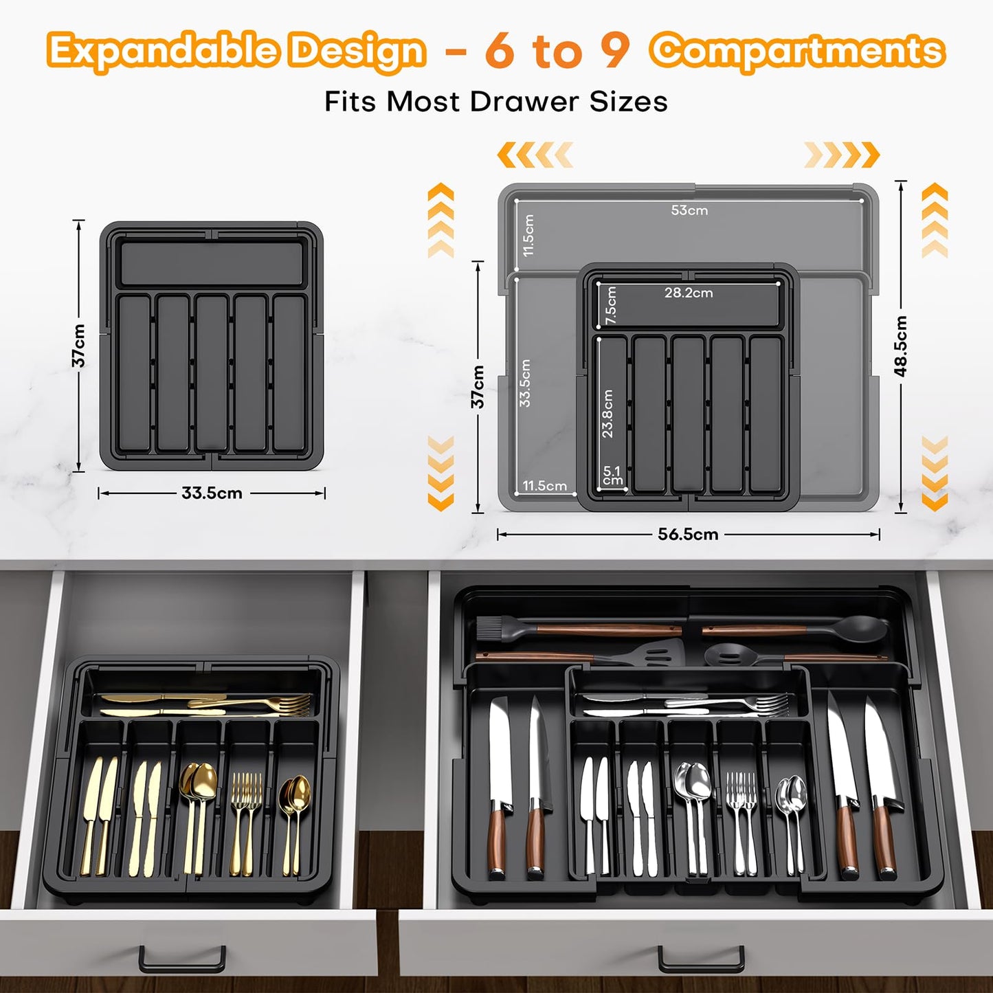 Hormes Cutlery Drawer Organiser, Expandable Kitchen Drawer Organiser with 6–9 Adjustable Compartments