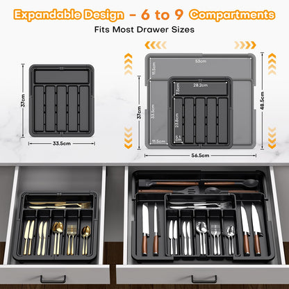 Hormes Cutlery Drawer Organiser, Expandable Kitchen Drawer Organiser with 6–9 Adjustable Compartments