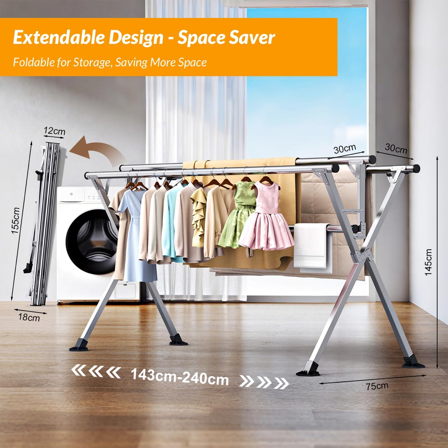 Hormes Clothes Drying Rack, Luxury 2.4M Adjustable Clothes Airer Laundry Drying Rack with 4 Rods