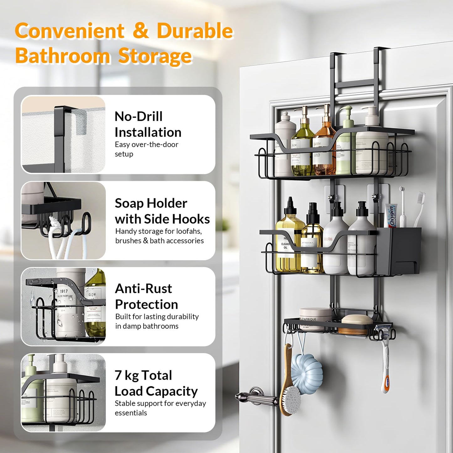 Hormes Shower Caddy Hanging, 3-Tier Shower Shelf Over The Door