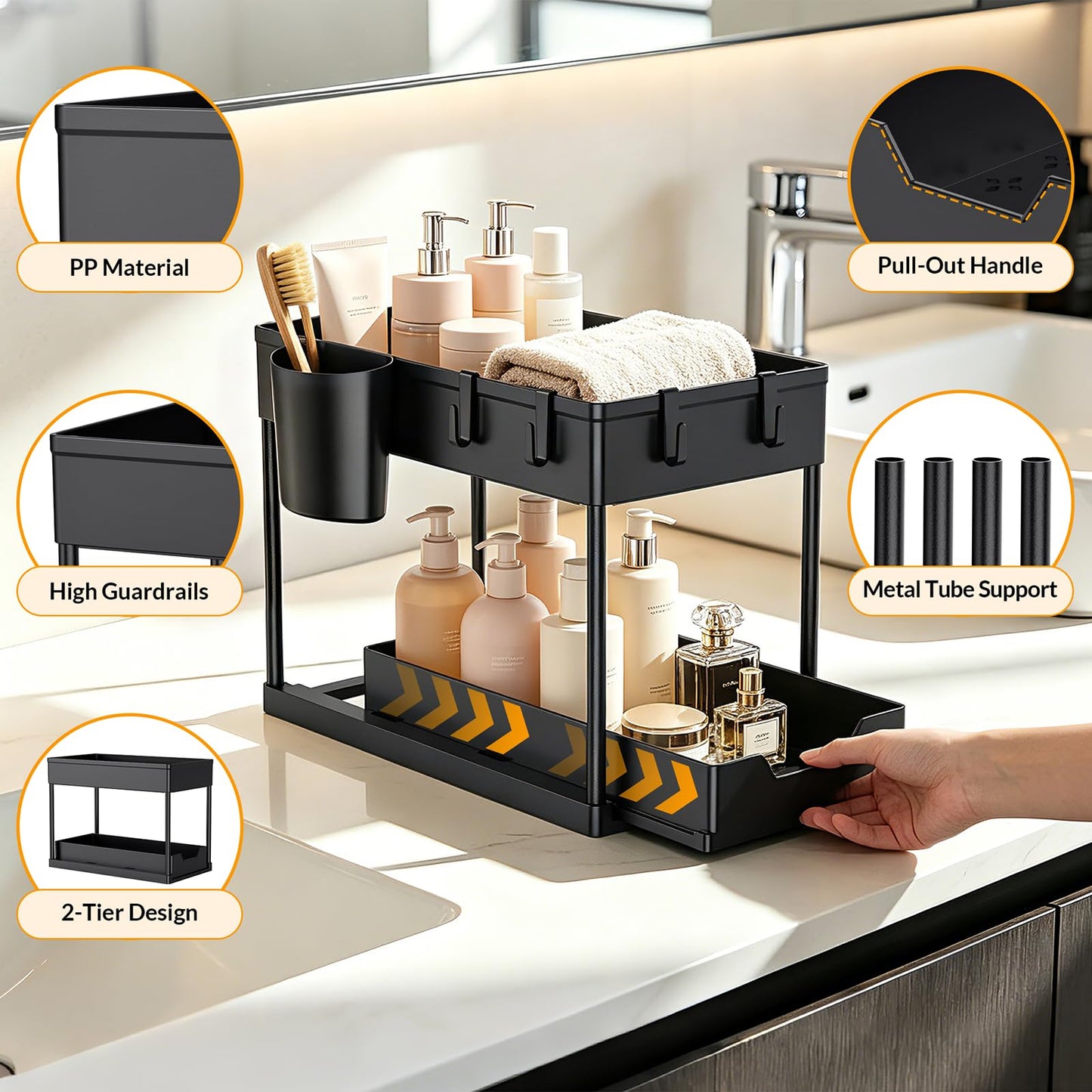 Hormes Under Sink Organiser, 2 Tier Under Sink Storage with 8 Hooks & 2 Cups, 2 Pack Set