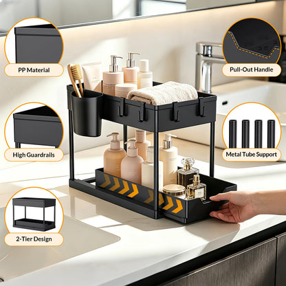 Hormes Under Sink Organiser, 2 Tier Under Sink Storage with 8 Hooks & 2 Cups, 2 Pack Set