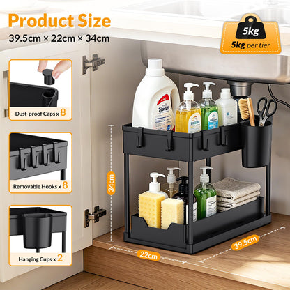 Hormes Under Sink Organiser, 2 Tier Under Sink Storage with 8 Hooks & 2 Cups, 2 Pack Set