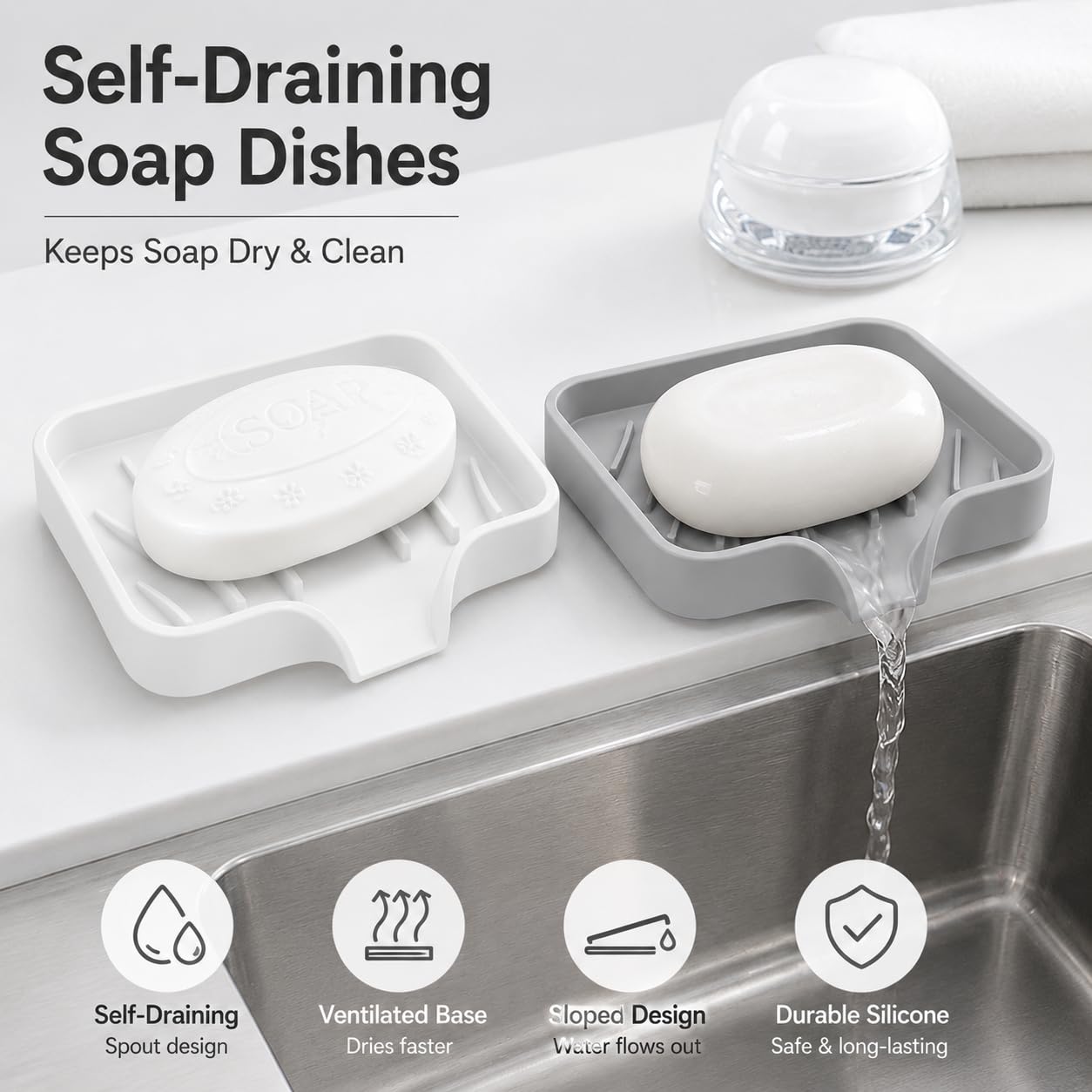 Hormes Silicone Soap Dish, 2 Pack Self Draining Soap Holder with Waterfall Drain Spout