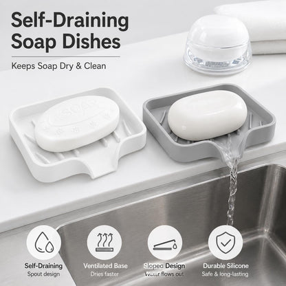 Hormes Silicone Soap Dish, 2 Pack Self Draining Soap Holder with Waterfall Drain Spout