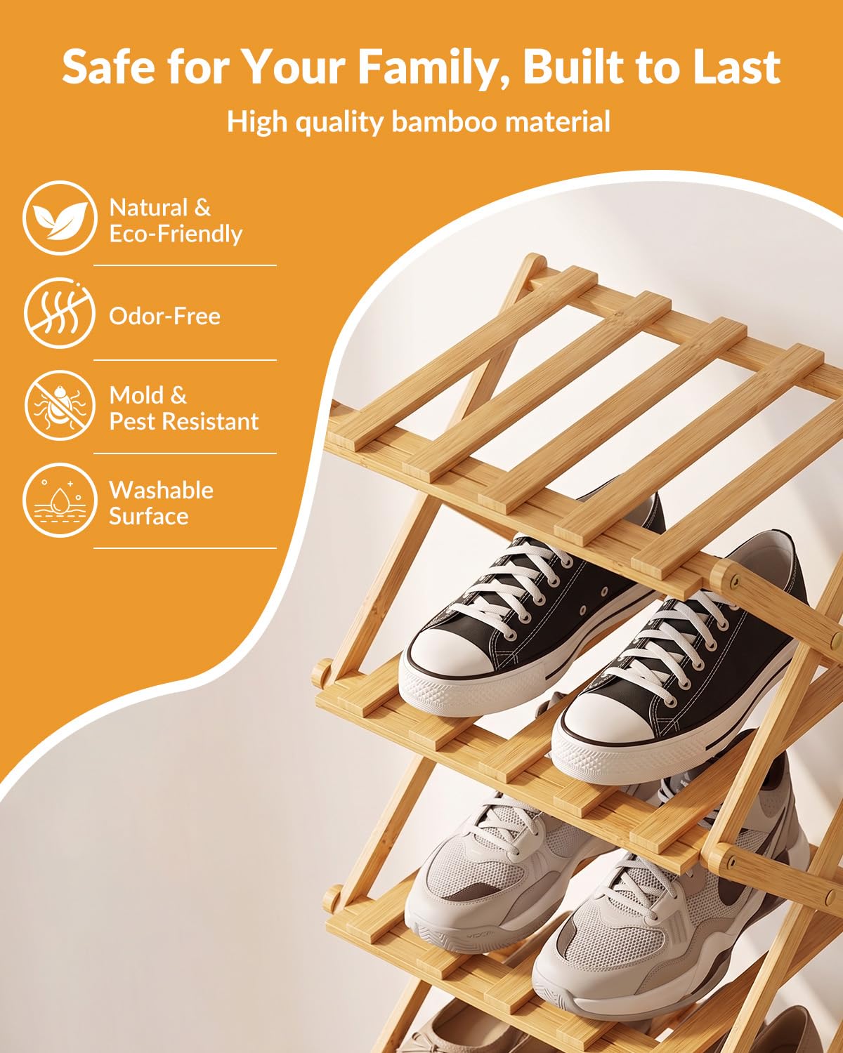 Hormes Foldable Shoe Rack, 8 Tier Bamboo Vertical Shoe Storage Shelf