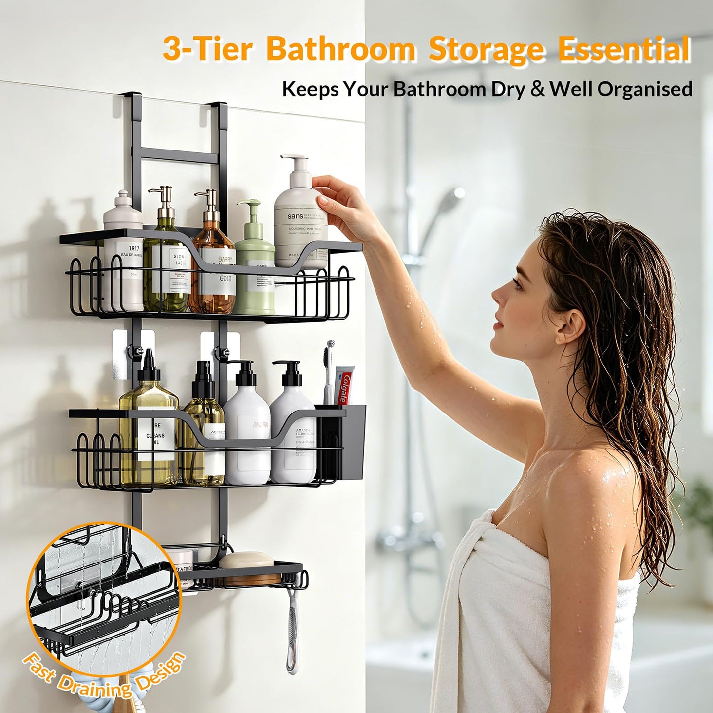 Hormes Shower Caddy Hanging, 3-Tier Shower Shelf Over The Door