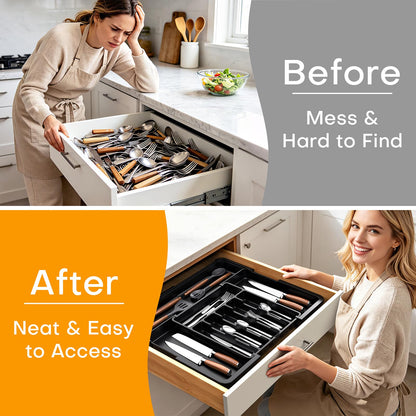 Hormes Cutlery Drawer Organiser, Expandable Kitchen Drawer Organiser with 6–9 Adjustable Compartments
