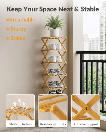 Hormes Foldable Shoe Rack, 8 Tier Bamboo Vertical Shoe Storage Shelf