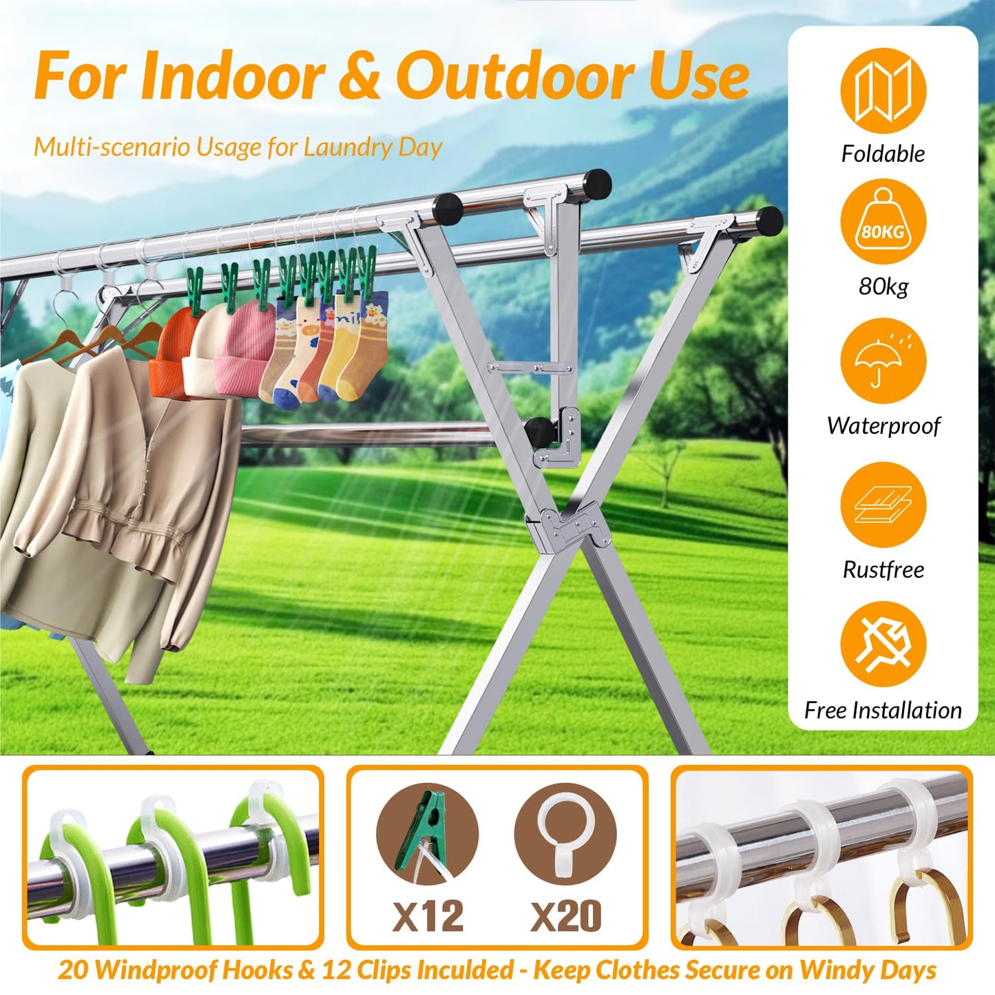 Hormes Clothes Drying Rack, Luxury 2.4M Adjustable Clothes Airer Laundry Drying Rack with 4 Rods