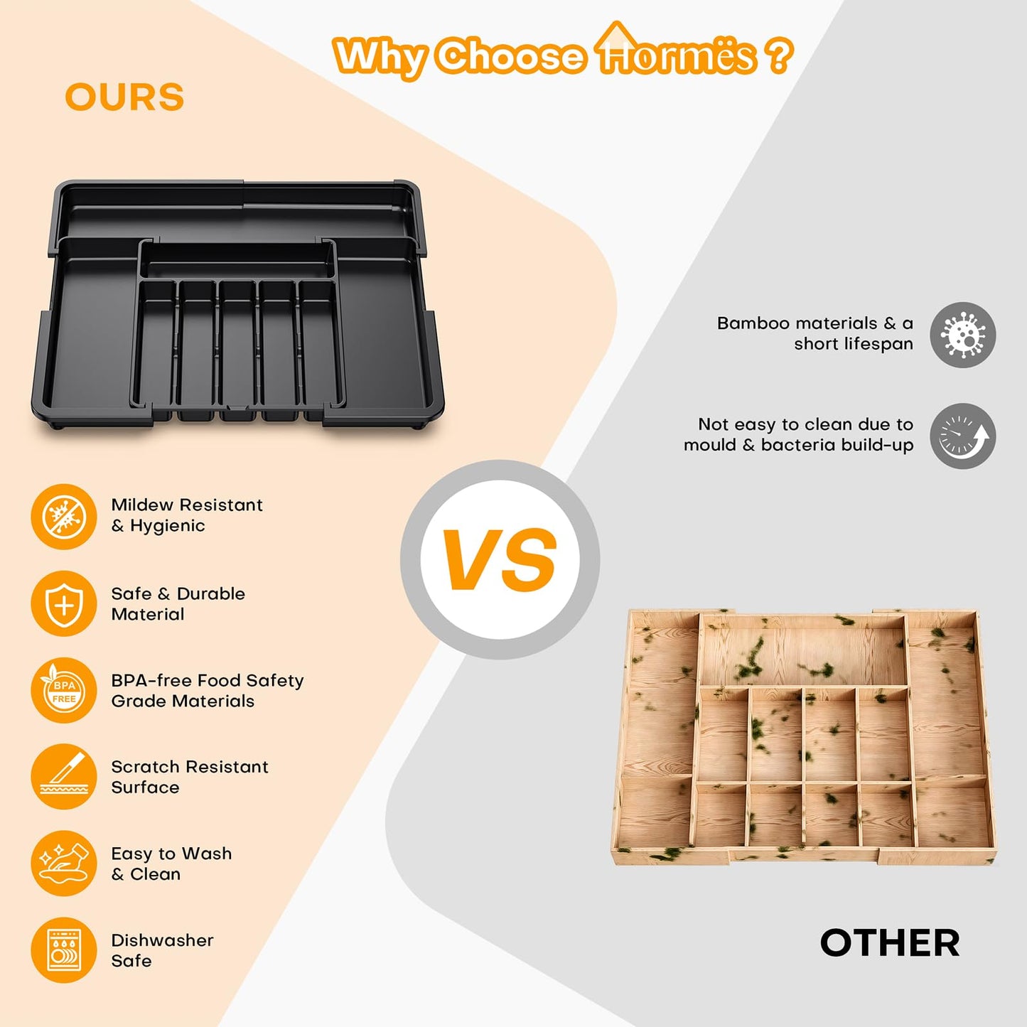 Hormes Cutlery Drawer Organiser, Expandable Kitchen Drawer Organiser with 6–9 Adjustable Compartments