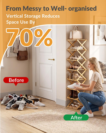 Hormes Foldable Shoe Rack, 8 Tier Bamboo Vertical Shoe Storage Shelf