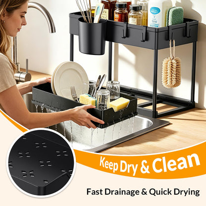 Hormes Under Sink Organiser, 2 Tier Under Sink Storage with 8 Hooks & 2 Cups, 2 Pack Set
