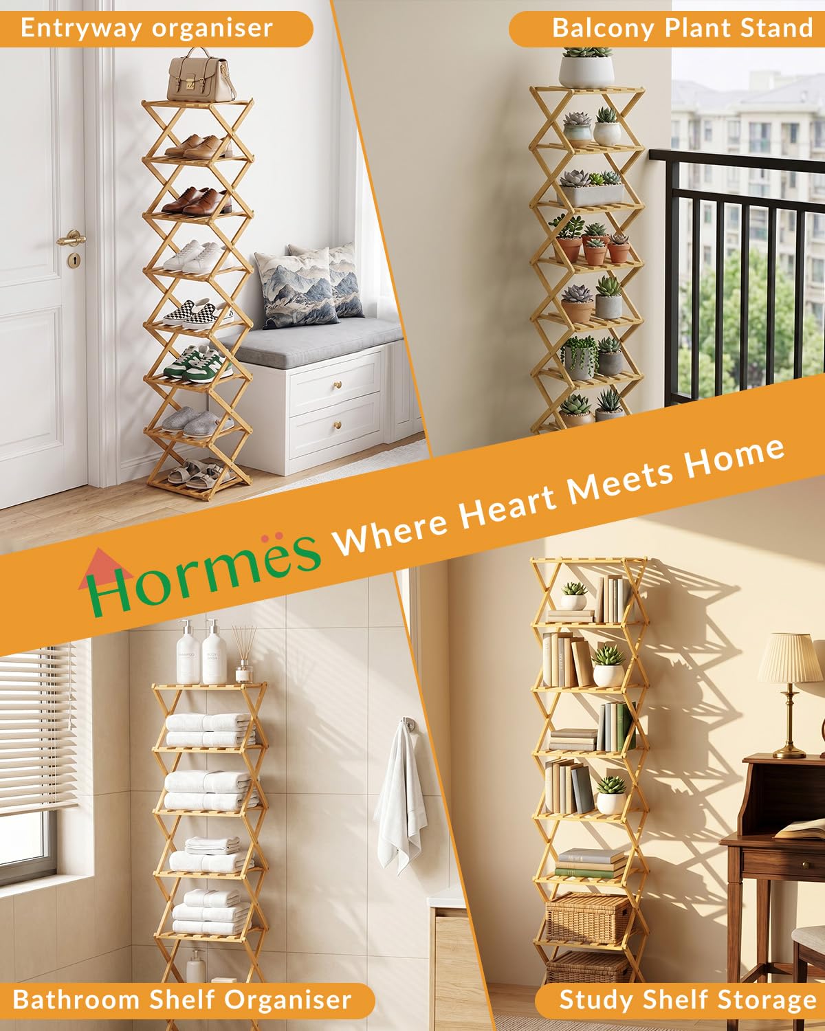 Hormes Foldable Shoe Rack, 8 Tier Bamboo Vertical Shoe Storage Shelf