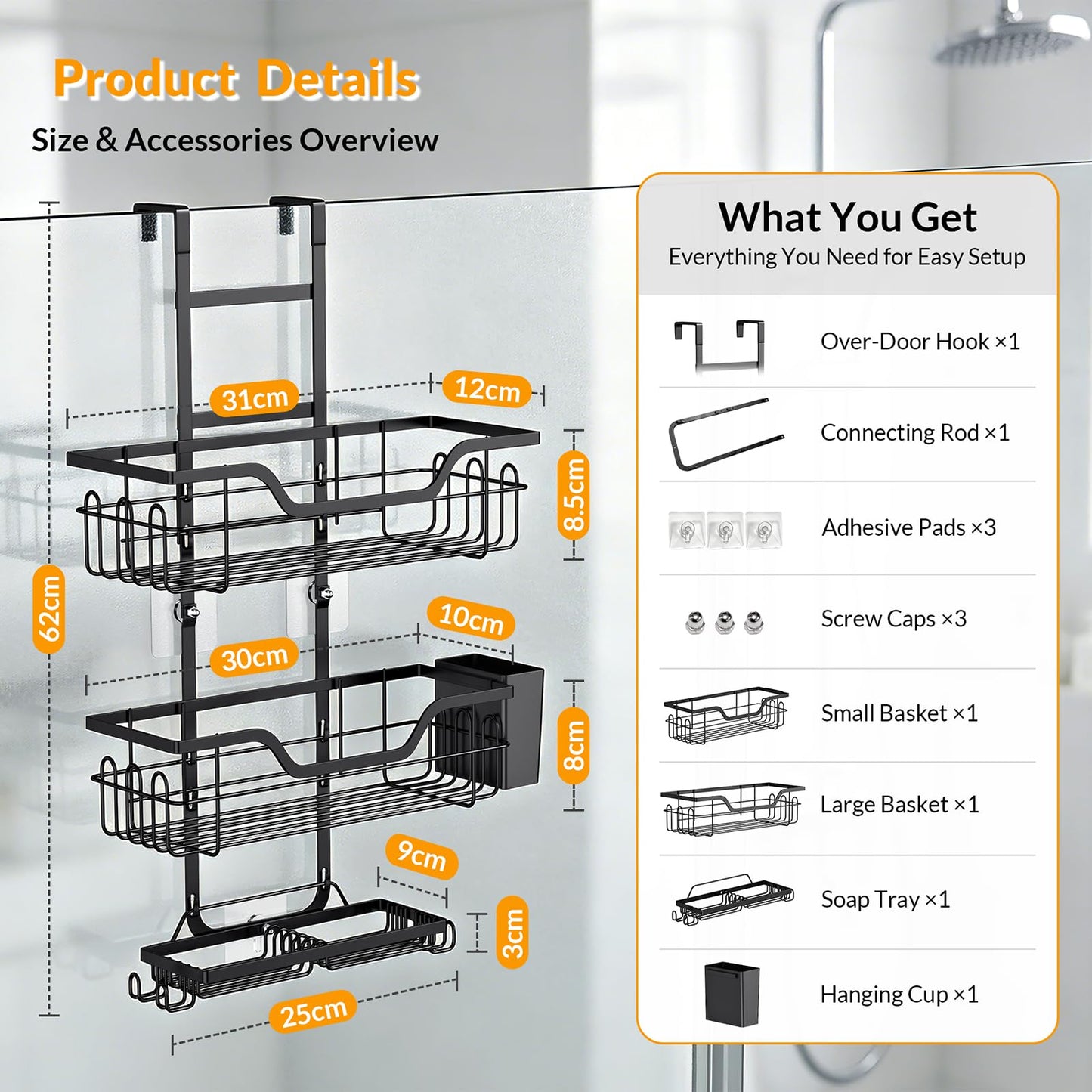 Hormes Shower Caddy Hanging, 3-Tier Shower Shelf Over The Door