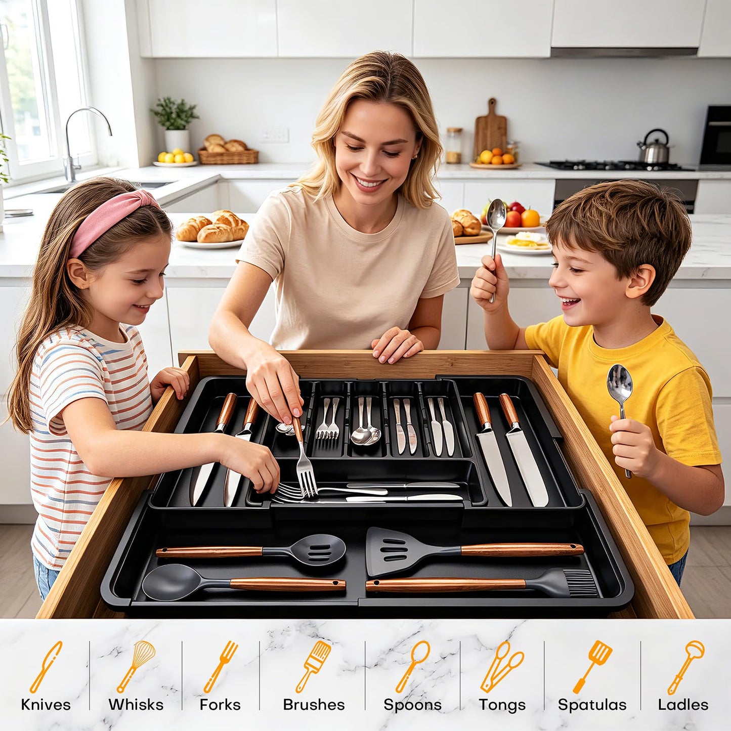 Hormes Cutlery Drawer Organiser, Expandable Kitchen Drawer Organiser with 6–9 Adjustable Compartments