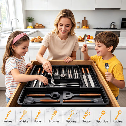 Hormes Cutlery Drawer Organiser, Expandable Kitchen Drawer Organiser with 6–9 Adjustable Compartments