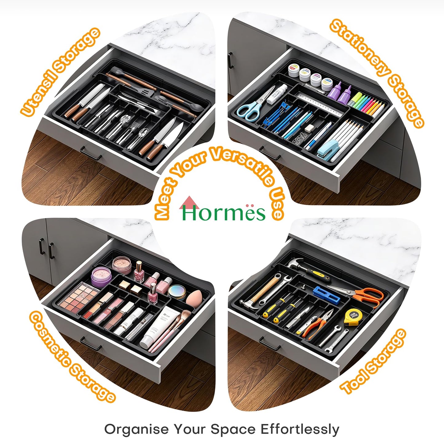 Hormes Cutlery Drawer Organiser, Expandable Kitchen Drawer Organiser with 6–9 Adjustable Compartments